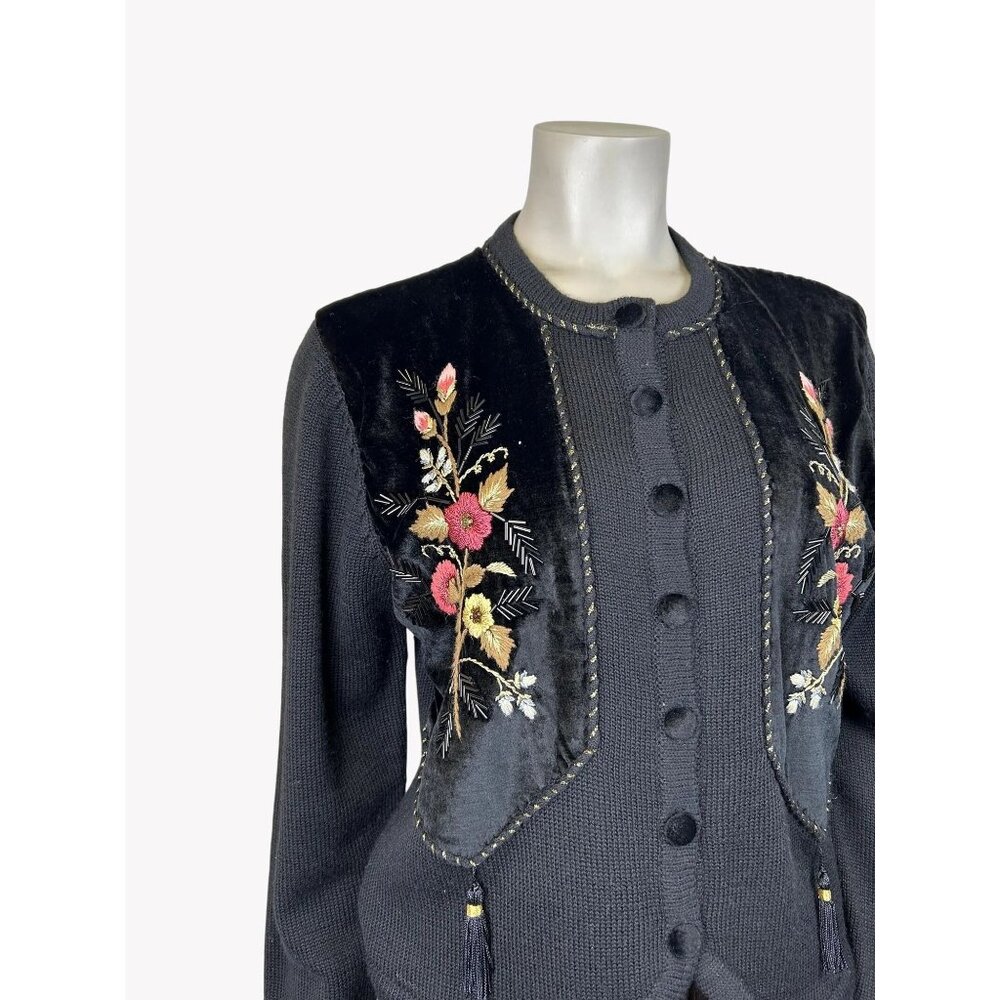 Vintage Susan Bristol Cardigan Size M Velvet Embroidery Beaded Tassel Floral - Picture 2 of 7